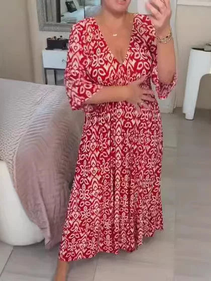 Punainen kuviollinen midi-mekko V-kaula-aukolla edestä — Helvenza