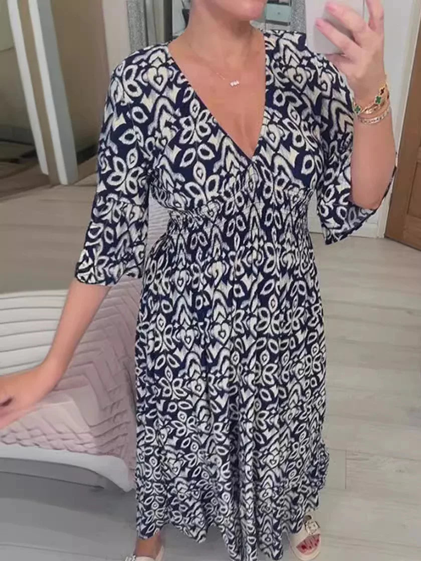 Laivastonsininen ikat-kuvioinen midi-mekko V-kaula-aukolla — Helvenza