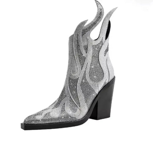 Rhinestone Flame Mid-Calf Boots