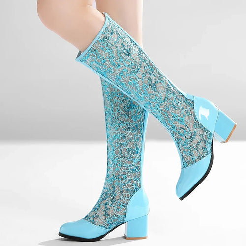 Sequined Mesh Knee-High Boots