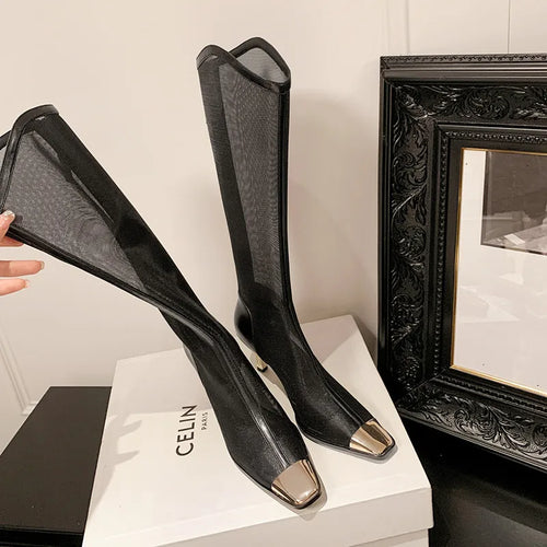 Mesh Stiletto Knee-High Boots