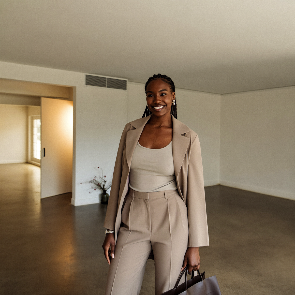 Woman in a tailored neutral suit smiling
